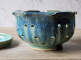 Handmade Pottery Berry Bowl with Saucer – Ceramic Colander, Drainage Plate, Australian Made Fruit Strainer
