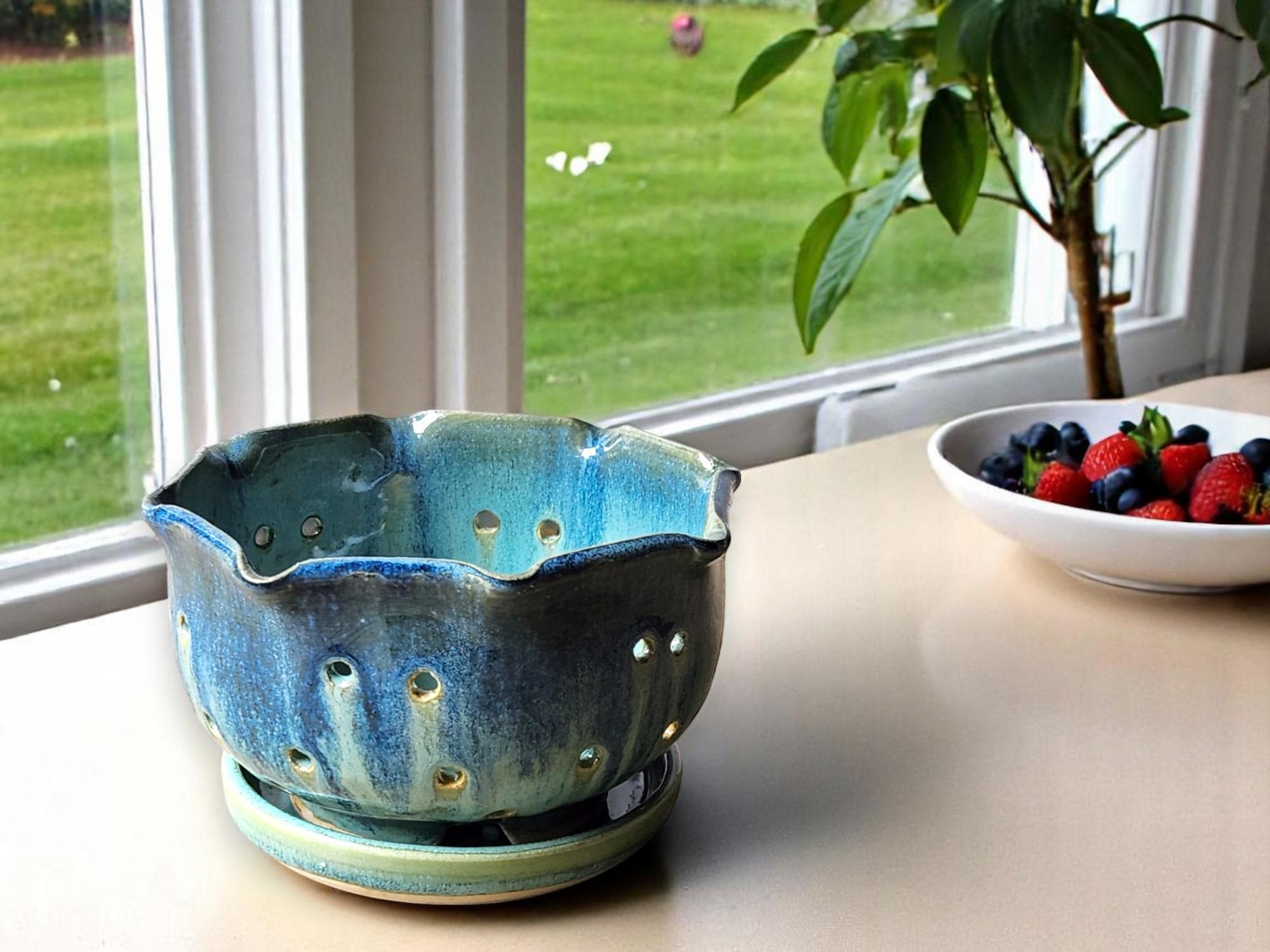 Handmade Pottery Berry Bowl with Saucer – Ceramic Colander, Drainage Plate, Australian Made Fruit Strainer