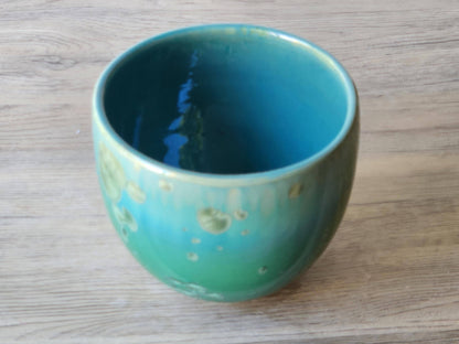 internal look in tbe Artisan small porcelain bowl with green crystalline patterns