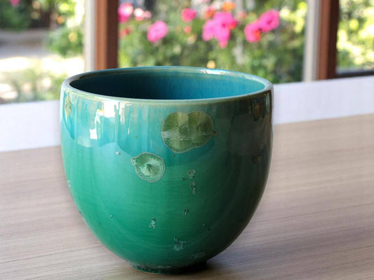 Handmade porcelain crystalline bowl with green glaze 12.5cm