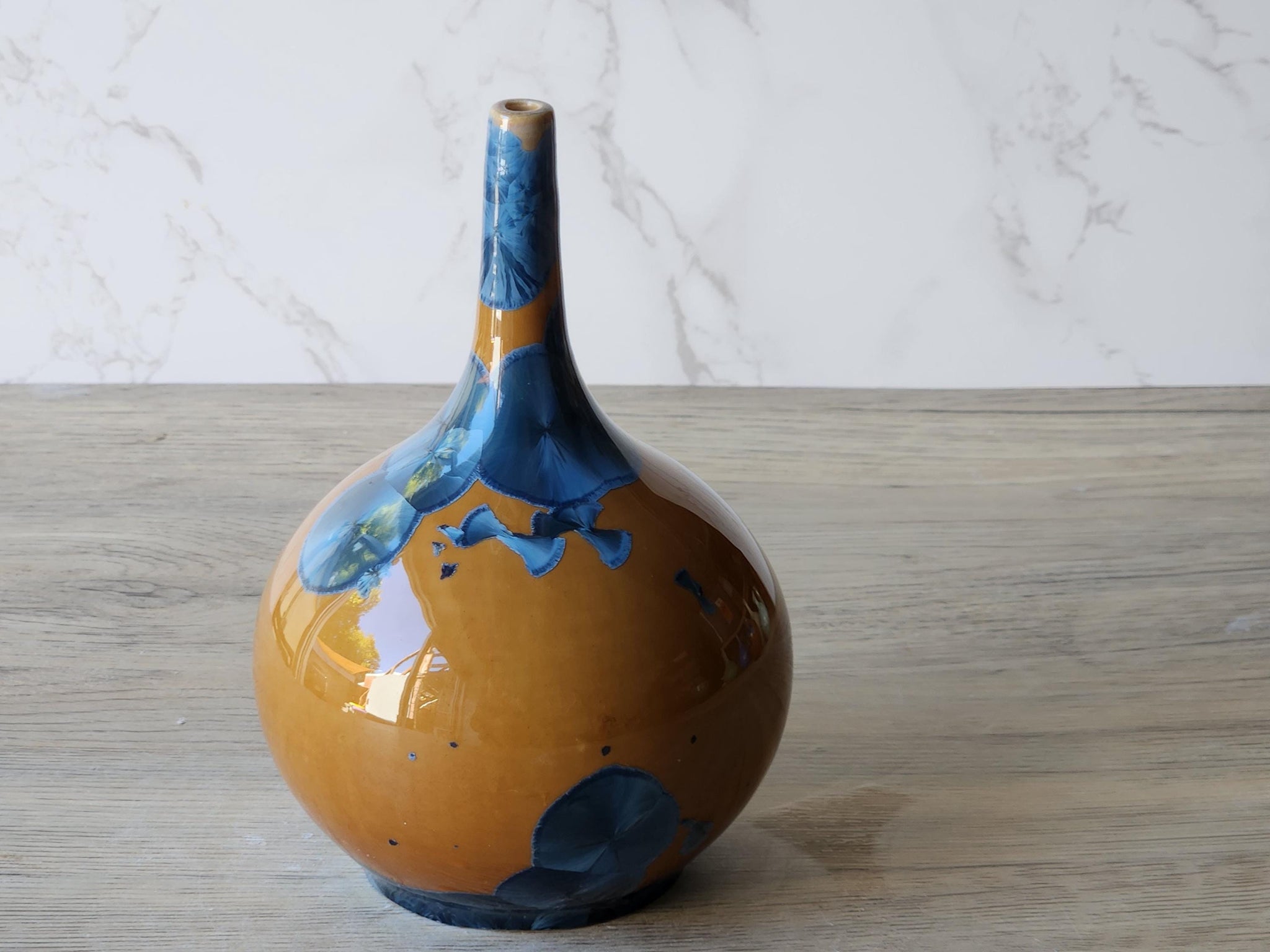 Handmade Pottery Bud Vase Blue on Orange Crystalline Glaze Decorative Ceramic Flower Vase Unique Gift