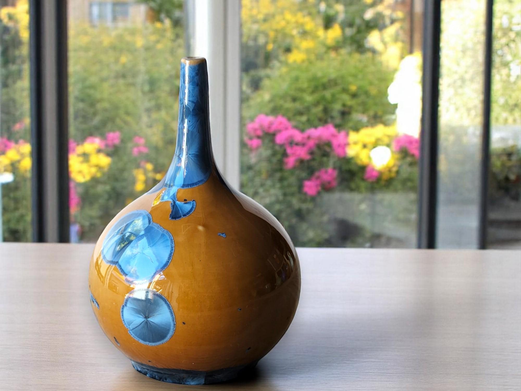 Handmade Pottery Bud Vase Blue on Orange Crystalline Glaze Decorative Ceramic Flower Vase Unique Gift