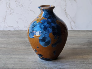 Small Handmade Ceramic Vase with Blue on Amber Crystalline Glaze – Australian Pottery Flower Display – Unique Gift for Home Decor