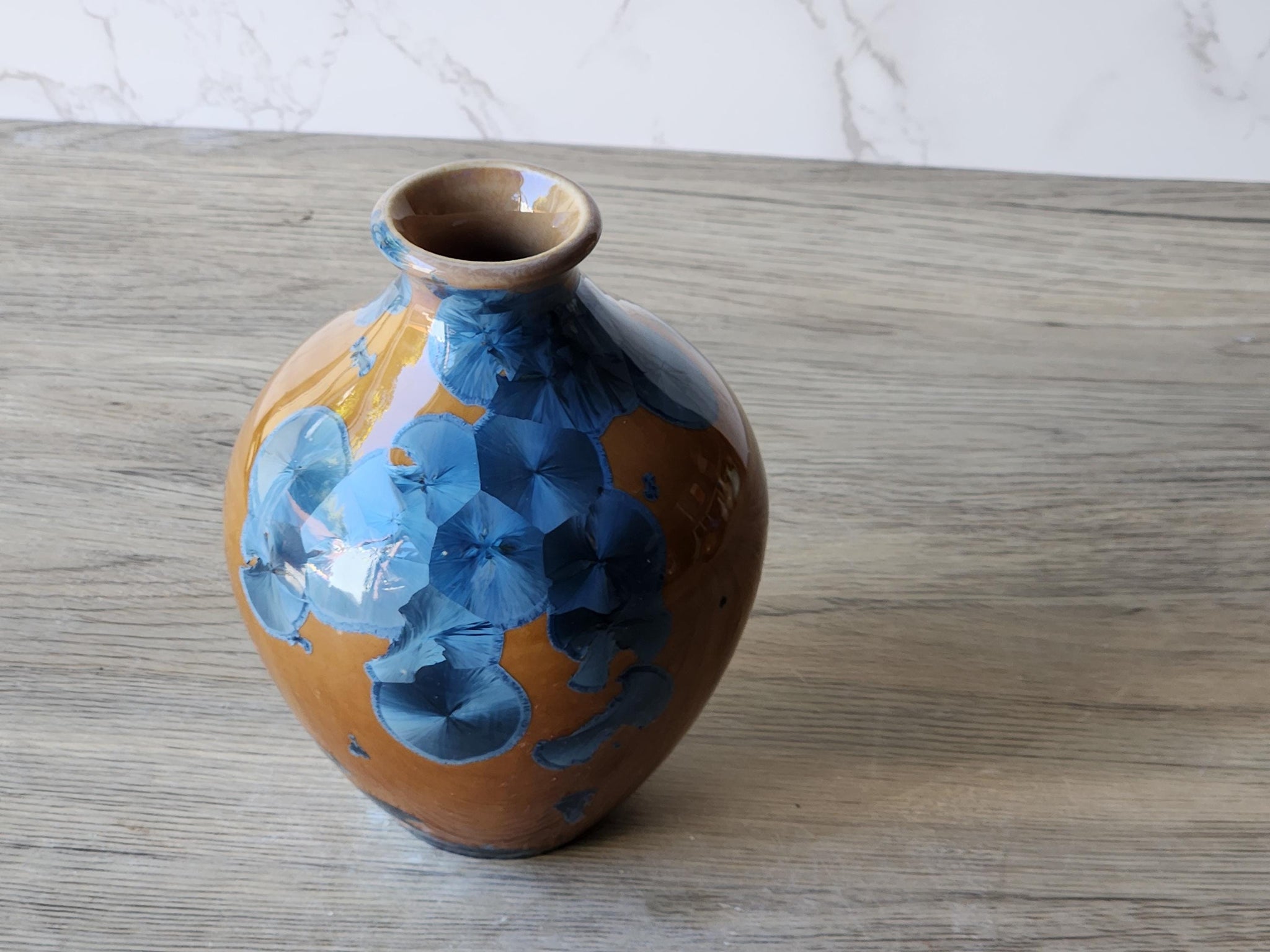 Small Handmade Ceramic Vase with Blue on Amber Crystalline Glaze – Australian Pottery Flower Display – Unique Gift for Home Decor