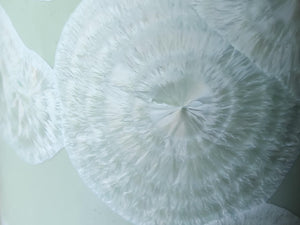 Close up of glaze showing rings of flower like crystals on a  Handmade Australian crystalline cylinder vase – soft green and white
