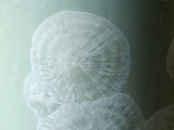 Close up of feathery flower like crystals on a one-of-a-kind green crystalline pottery tumbler – handmade in Australia