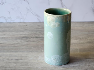 Handmade Cylindrical ceramic vase – toothbrush or pen holder in green crystalline glaze