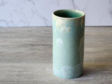 Handmade Cylindrical ceramic vase – toothbrush or pen holder in green crystalline glaze
