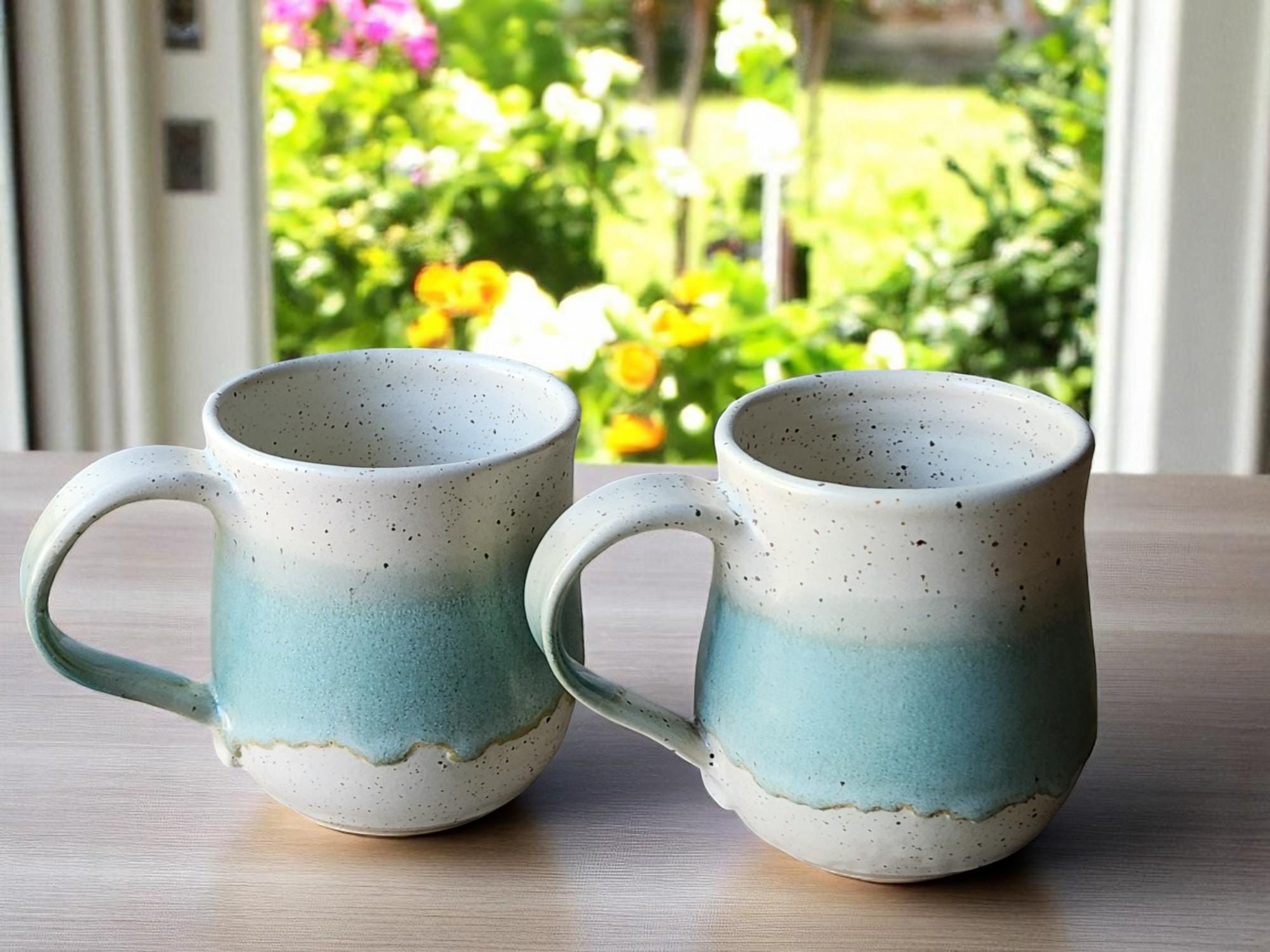 Handmade Pottery Coffee Mug 400ml – Large Green & Cream Stoneware Cup – Perfect Gift for Coffee Lovers, Man Size Mug for Him or Her