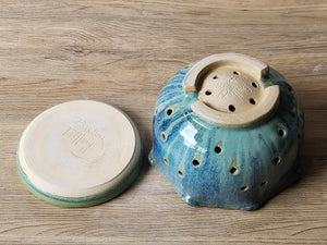 Handmade Pottery Berry Bowl with Saucer – Ceramic Colander, Drainage Plate, Australian Made Fruit Strainer