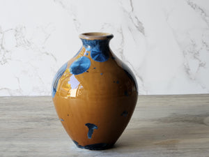Small Handmade Ceramic Vase with Blue on Amber Crystalline Glaze – Australian Pottery Flower Display – Unique Gift for Home Decor