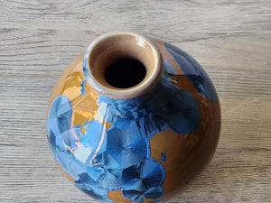 Small Handmade Ceramic Vase with Blue on Amber Crystalline Glaze – Australian Pottery Flower Display – Unique Gift for Home Decor