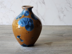 Small Handmade Ceramic Vase with Blue on Amber Crystalline Glaze – Australian Pottery Flower Display – Unique Gift for Home Decor
