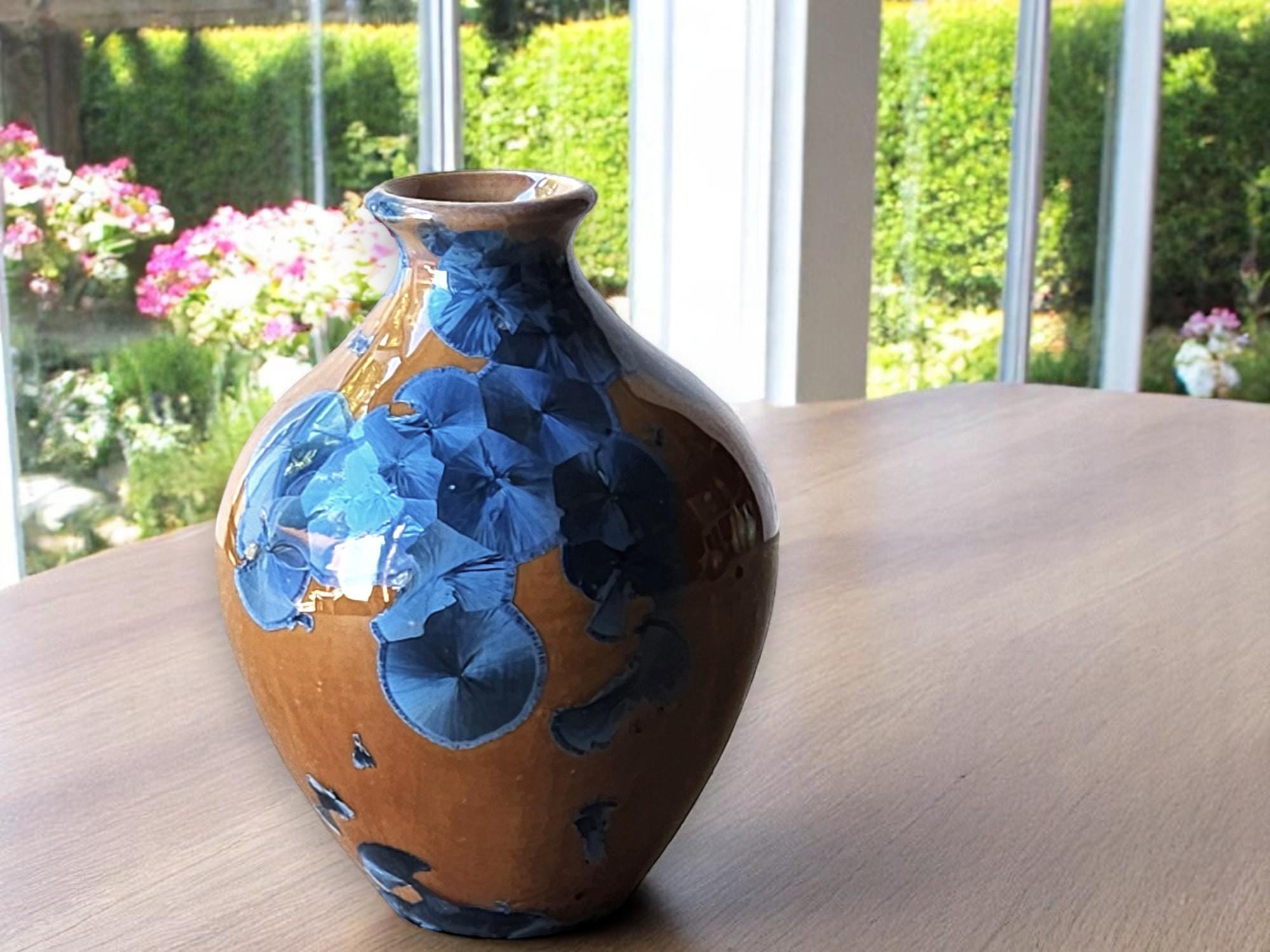 Small Handmade Ceramic Vase with Blue on Amber Crystalline Glaze – Australian Pottery Flower Display – Unique Gift for Home Decor