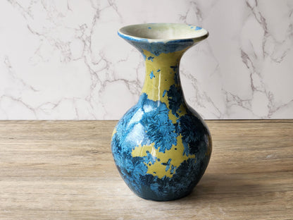 One-of-a-kind porcelain vase featuring blue crystals on mustard base