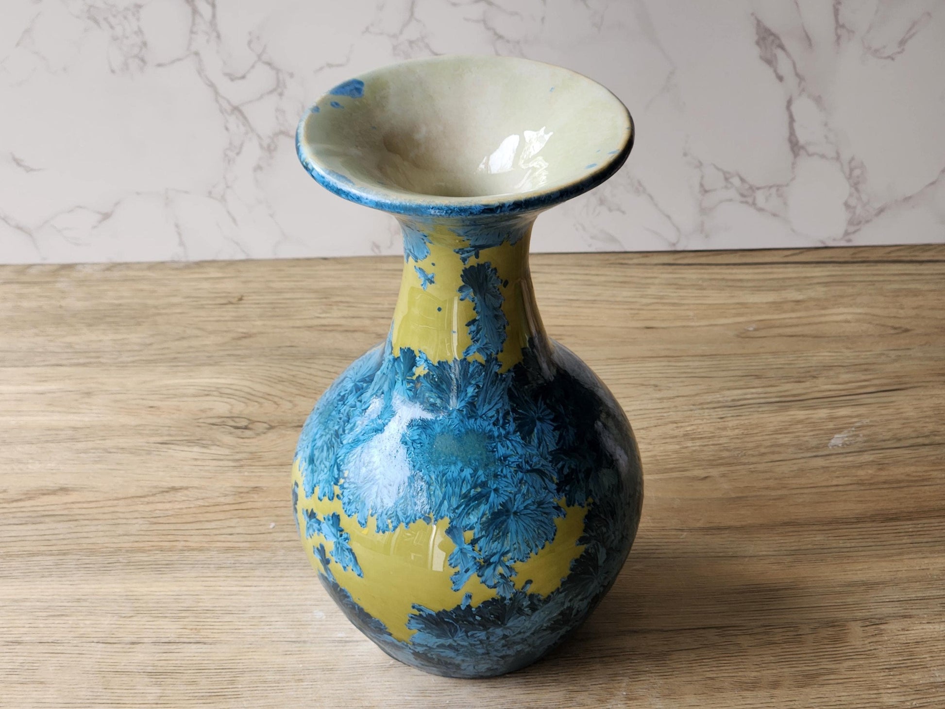Collector’s handmade crystalline glaze vase – mustard and blue finish