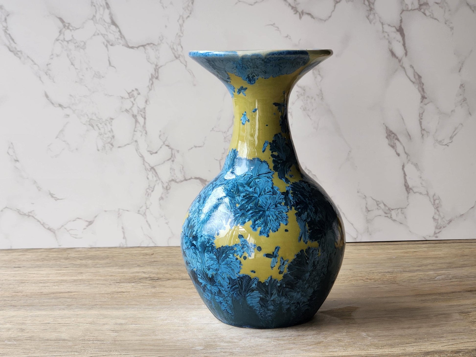 Australian handmade pottery vase with unique crystalline glaze pattern