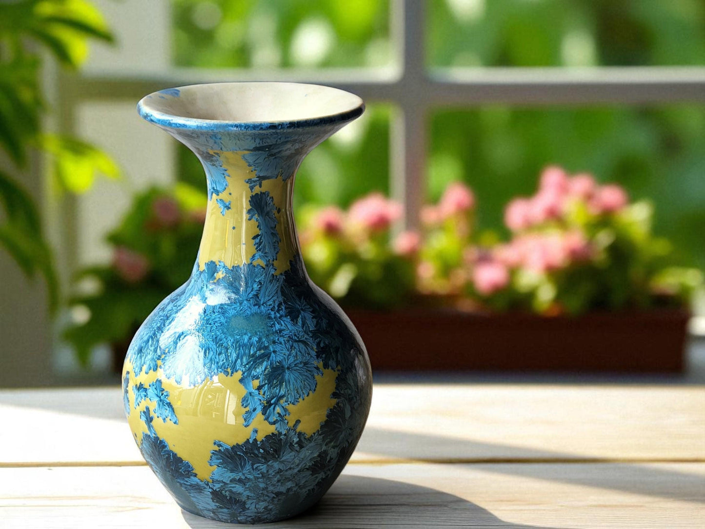 Fine porcelain vase with high-gloss mustard base and blue crystals