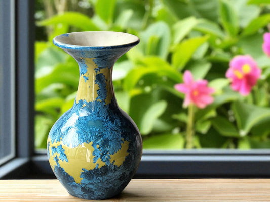 Handmade crystalline porcelain vase with mustard and blue glaze – Melbourne pottery