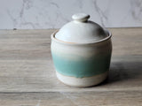 Unique gift idea -A handmade ceramic jar glazed in soft speckled cream with a vertical panel of spearmint green. 