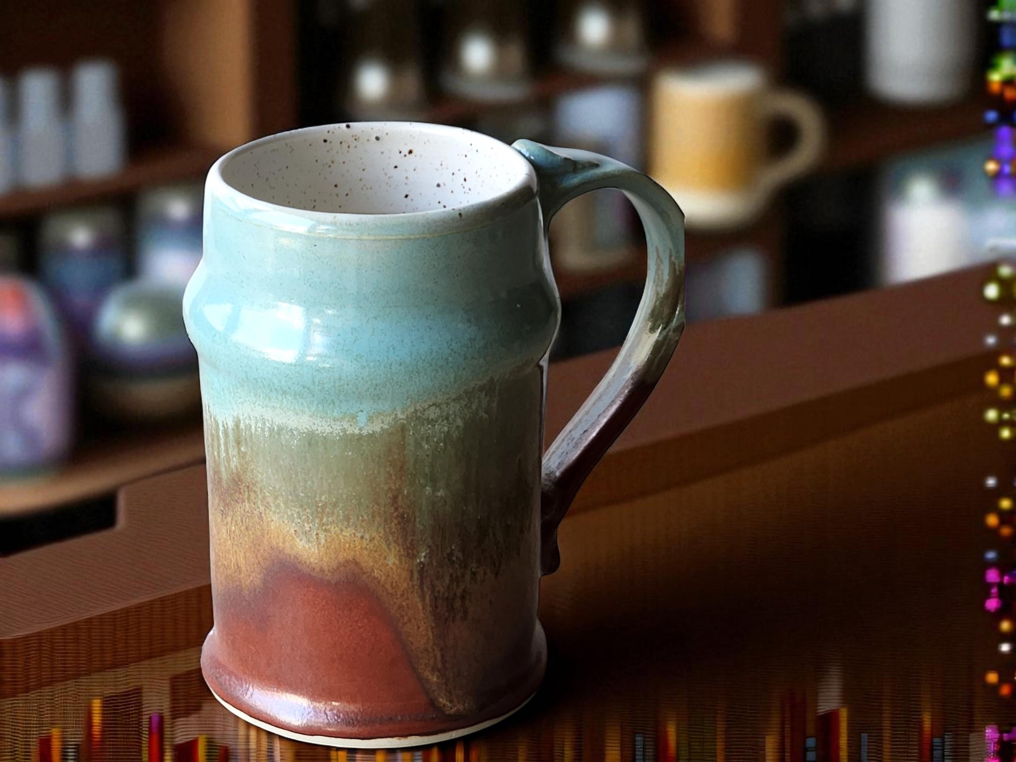 Large handmade ceramic stein in red-brown and green glaze – 500ml capacity