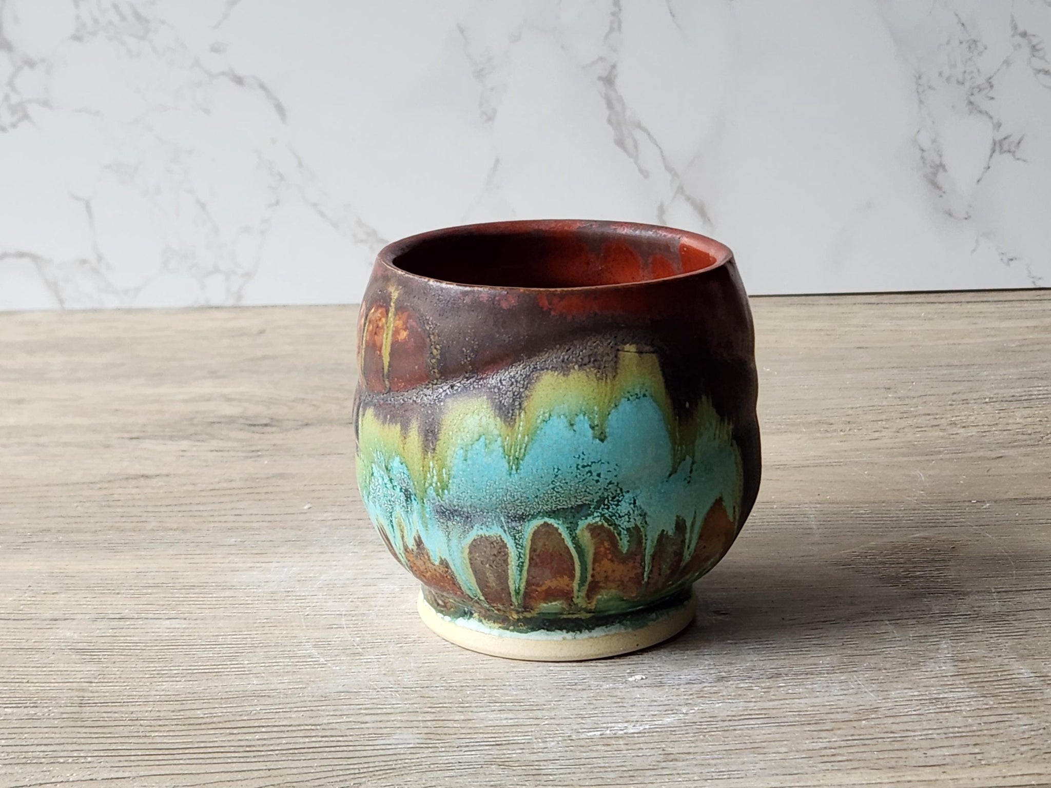 Handmade Yunomi Cup – Rustic Turquoise & Brown 300ml Ceramic whisky sipper – Japanese-Inspired Pottery