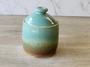 Handmade Ceramic Jar: Brown & Spearmint Green mottled 2 cup capacity Pottery, Food-Safe Stoneware