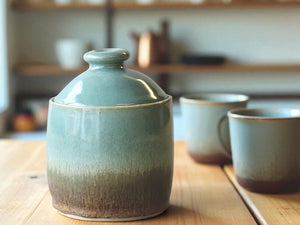 Handmade Ceramic Jar: Brown & Spearmint Green mottled 2 cup capacity Pottery, Food-Safe Stoneware