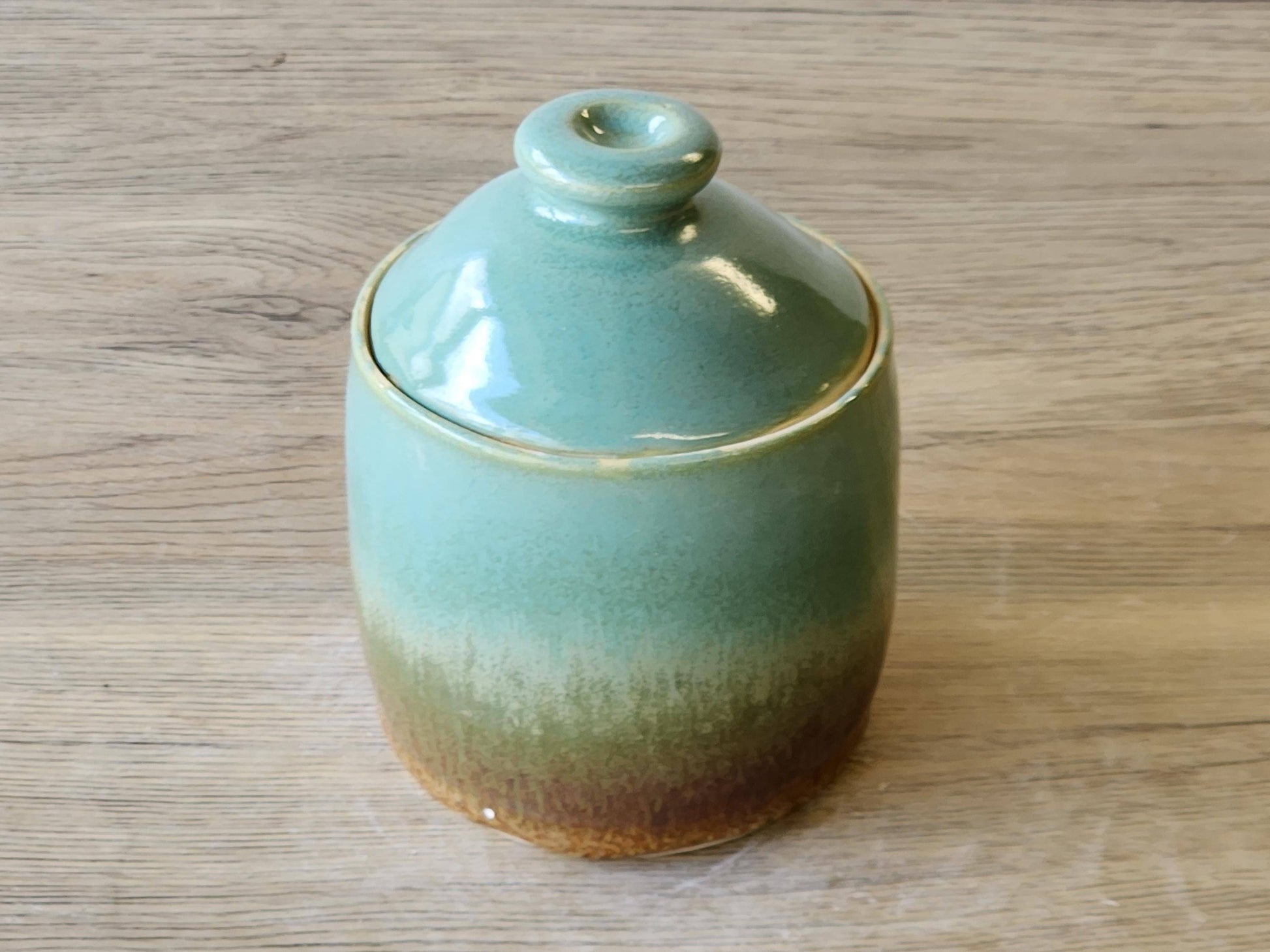 Handmade Ceramic Jar: Brown & Spearmint Green mottled 2 cup capacity Pottery, Food-Safe Stoneware