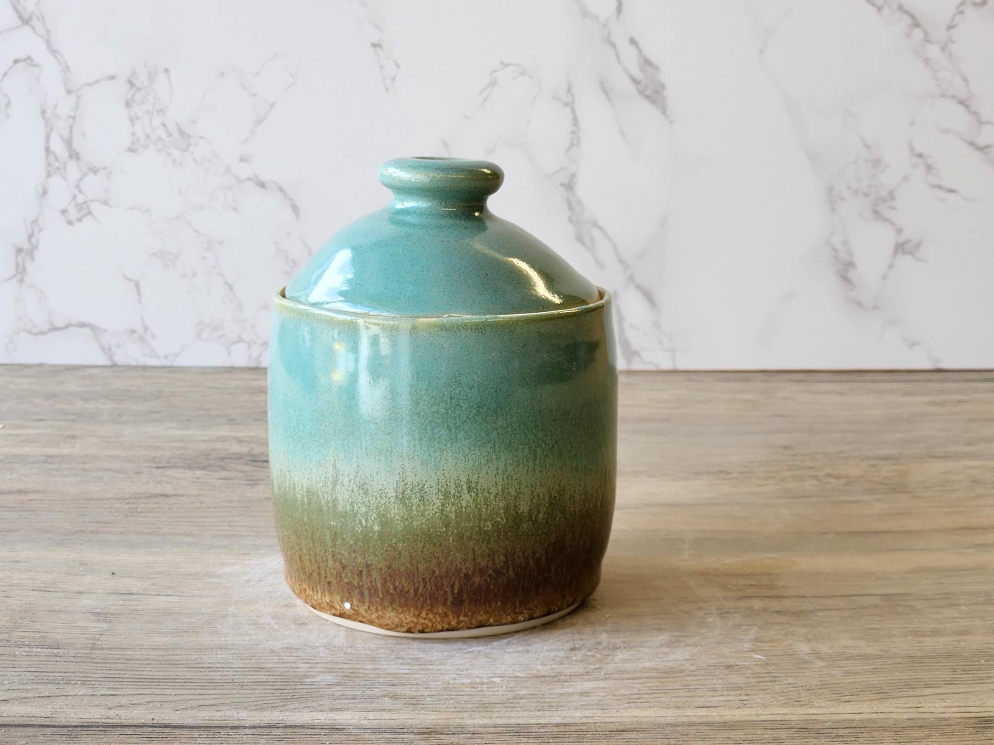 Handmade Ceramic Jar: Brown & Spearmint Green mottled 2 cup capacity Pottery, Food-Safe Stoneware