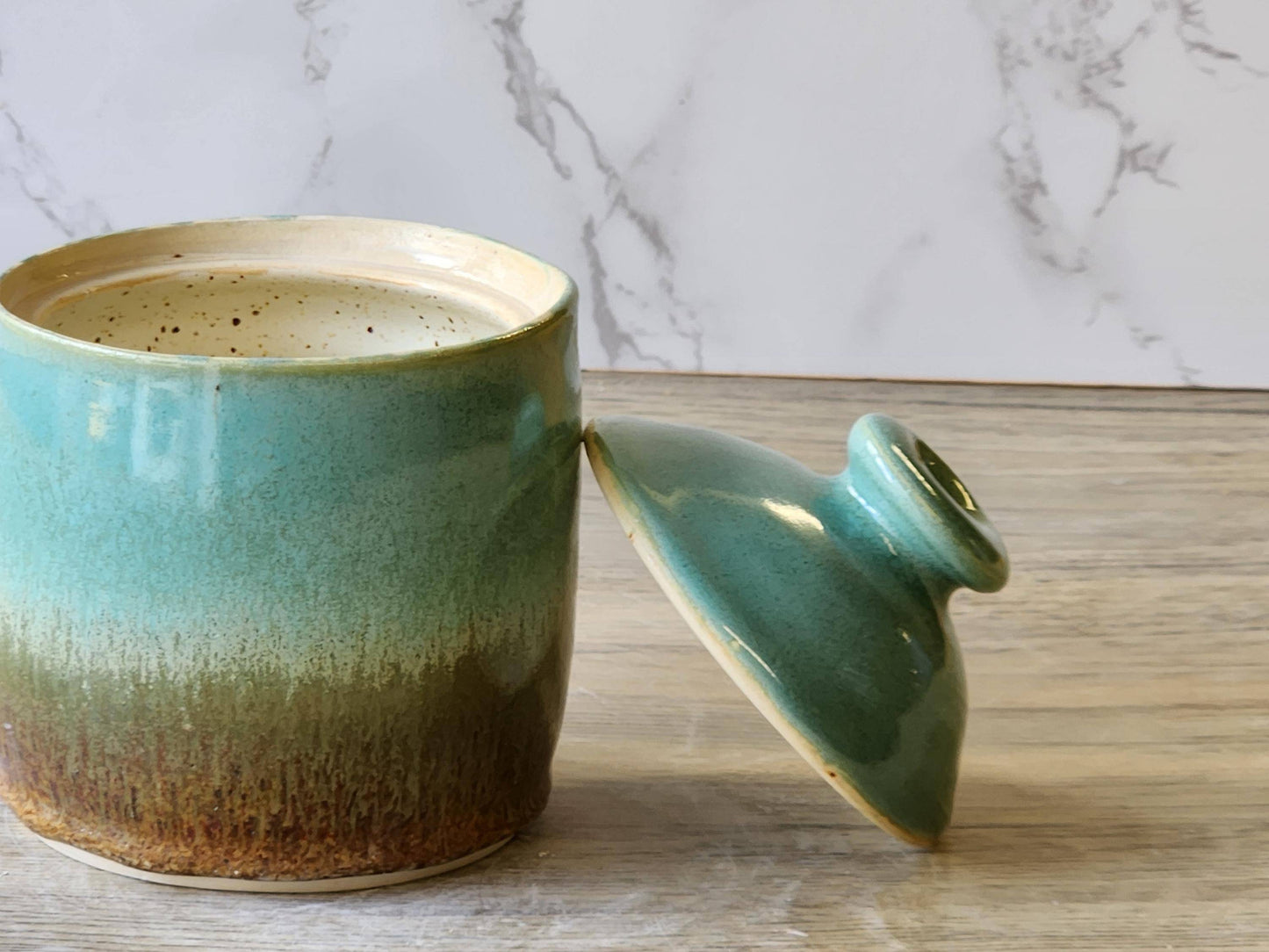 Handmade Ceramic Jar: Brown & Spearmint Green mottled 2 cup capacity Pottery, Food-Safe Stoneware