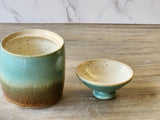 Handmade Ceramic Jar: Brown & Spearmint Green mottled 2 cup capacity Pottery, Food-Safe Stoneware