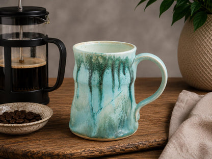 Hero image of Bush Creek Mist handmade pottery mug with soft blue-green glaze in coffee setting