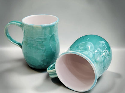 Handmade Australian porcelain mug with glossy green crystal glaze