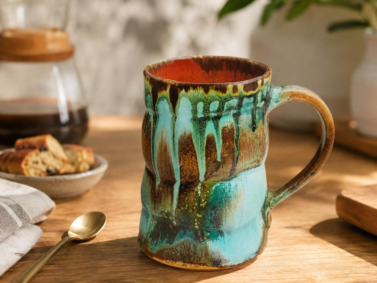 Handmade pottery mug in Bush Creek glaze with red brown interior styled in a warm kitchen setting