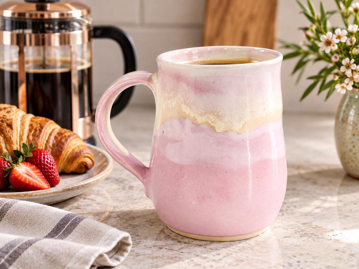 Handmade pink pottery mug 400ml with French press and breakfast, Buxton Pottery Melbourne