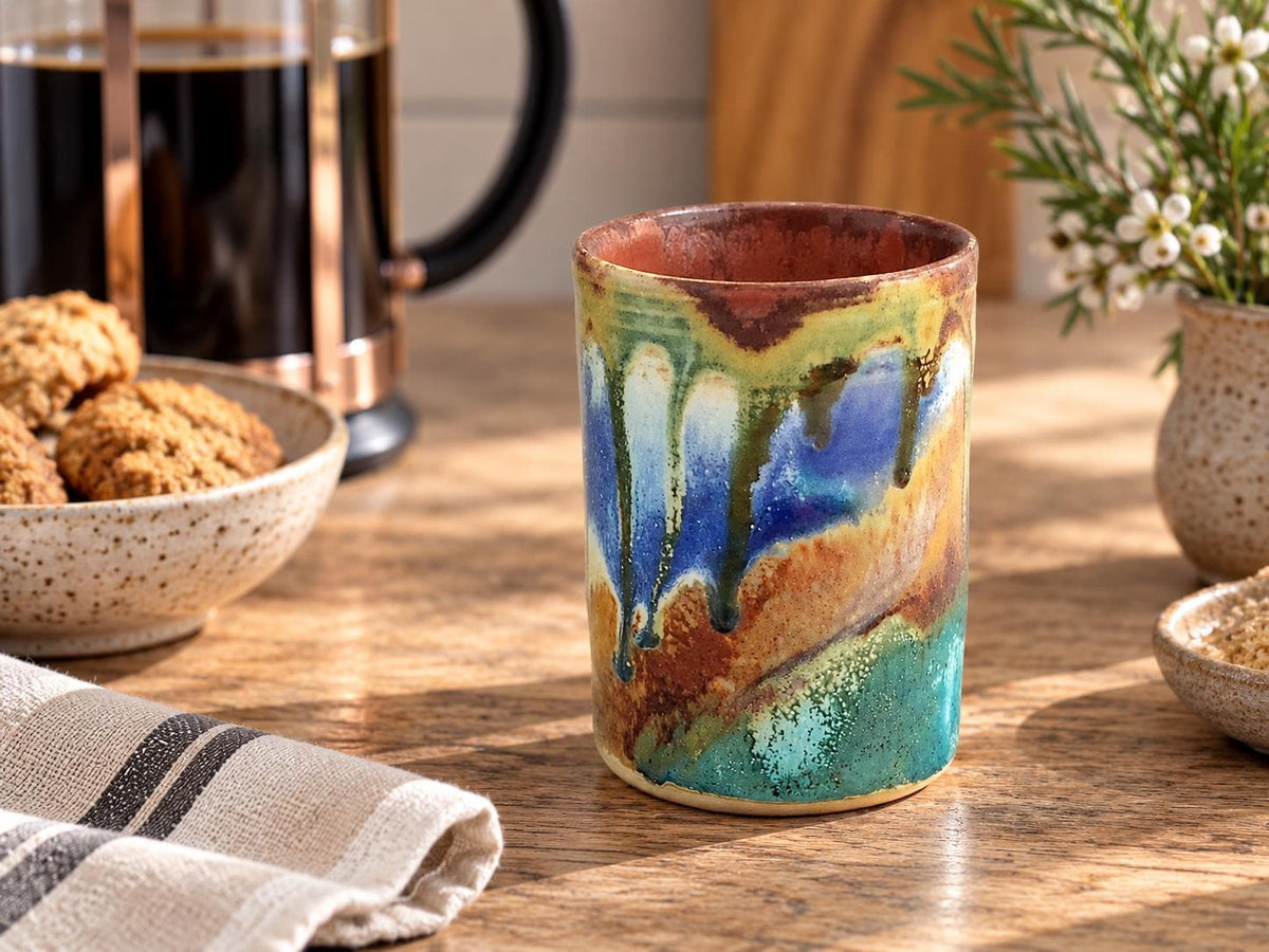 Lifestyle image of Bush Creek ceramic tumbler with coffee and biscuits