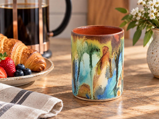 Handmade ceramic tumbler 250ml with blue green ochre and brown glaze by Buxton Pottery