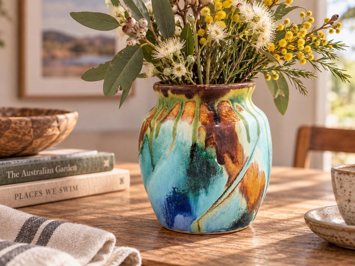Bush Creek handmade pottery vase with Australian native flowers in rustic lifestyle setting
