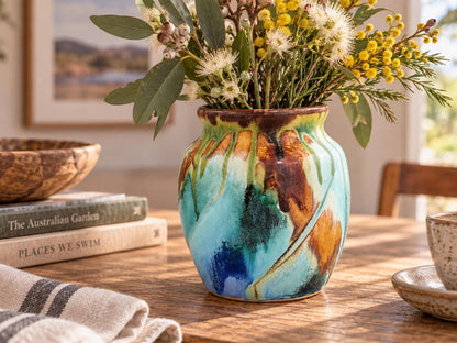 Bush Creek handmade pottery vase with Australian native flowers in rustic lifestyle setting