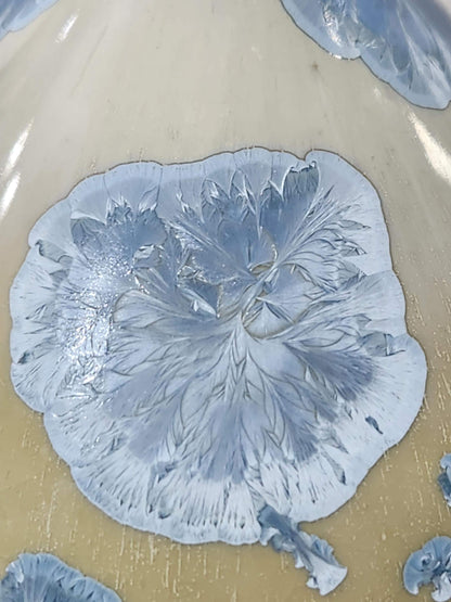 Close-up of large overlapping pale blue crystals across the rounded belly.