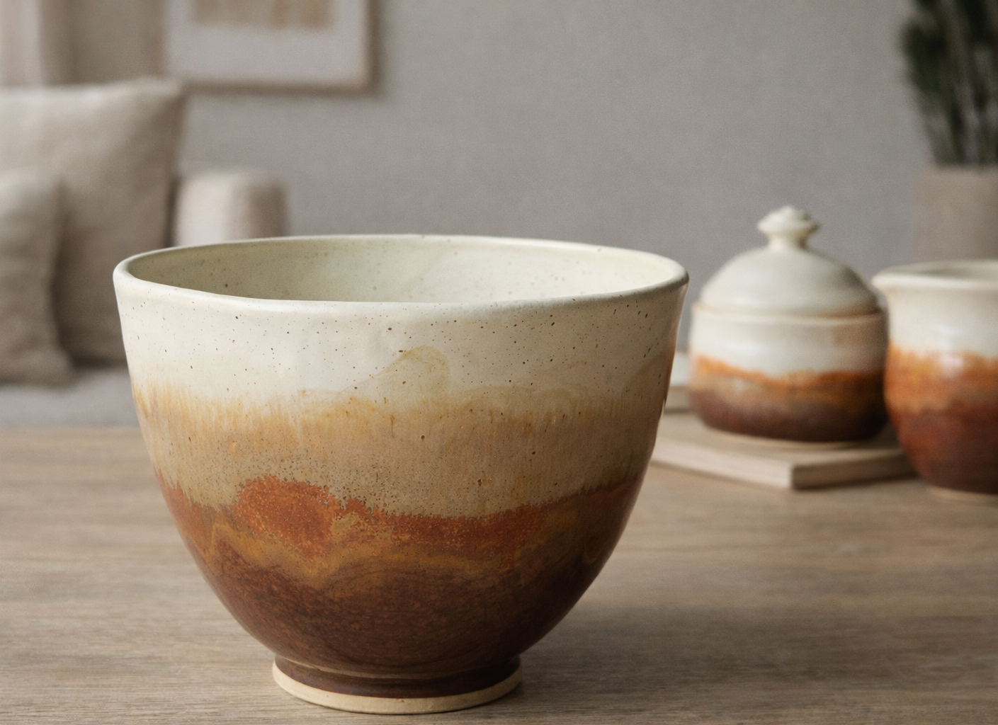 handmade pottery mixing bowl in speckled cream and red-brown
