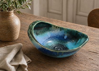 handmade large ceramic serving bowl blue green altered form buxton pottery australia