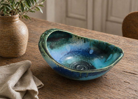 handmade large ceramic serving bowl blue green altered form buxton pottery australia