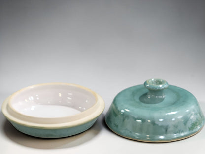 Handmade ceramic covered serving dish open view showing glazed interior and fitted lid Australian pottery