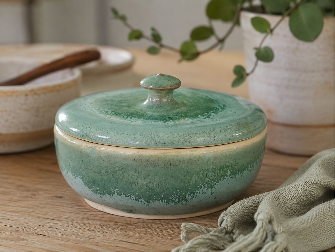 Handmade green ceramic lidded bowl by Buxton Pottery