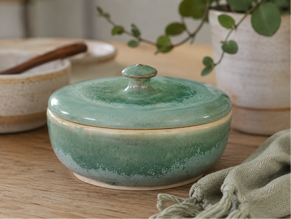 Handmade green ceramic lidded bowl by Buxton Pottery
