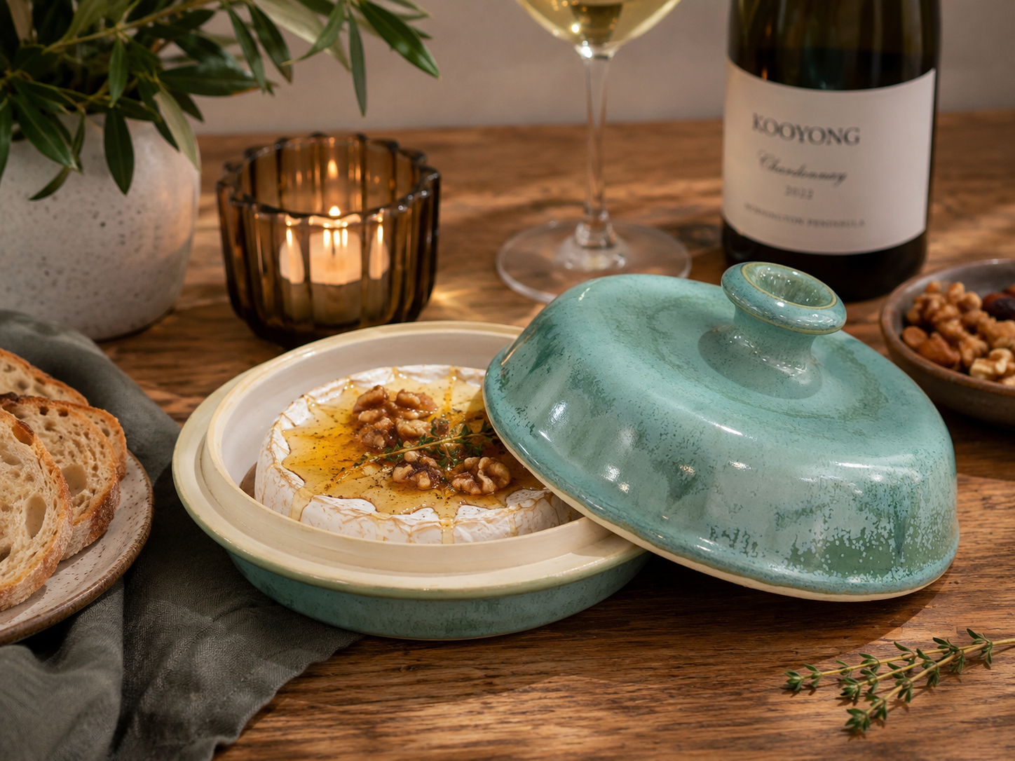 Handmade ceramic lidded serving dish with baked camembert and honey, sage green pottery bowl by Buxton Pottery Melbourne Australia
