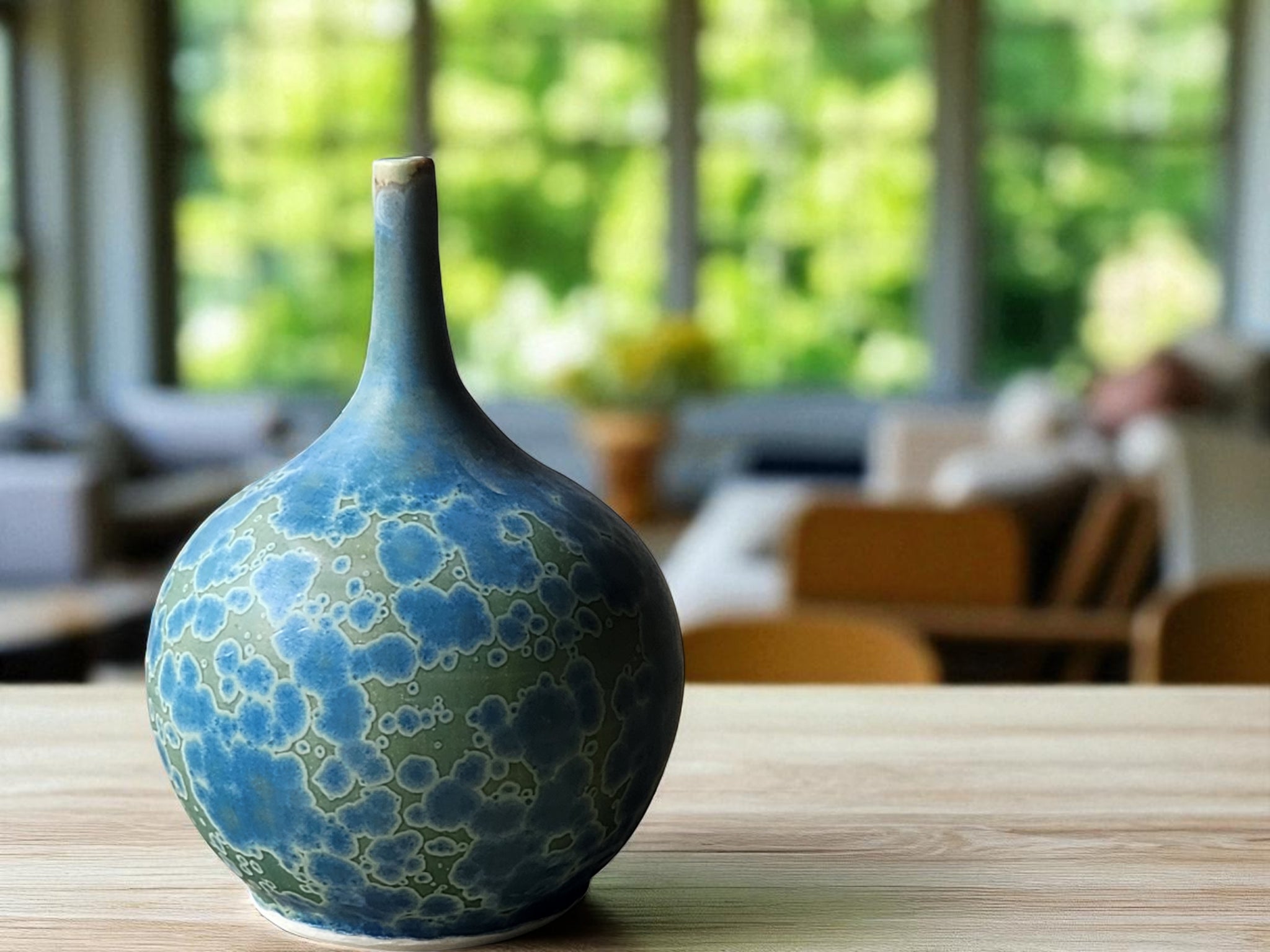 Handmade green blue crystalline porcelain vase