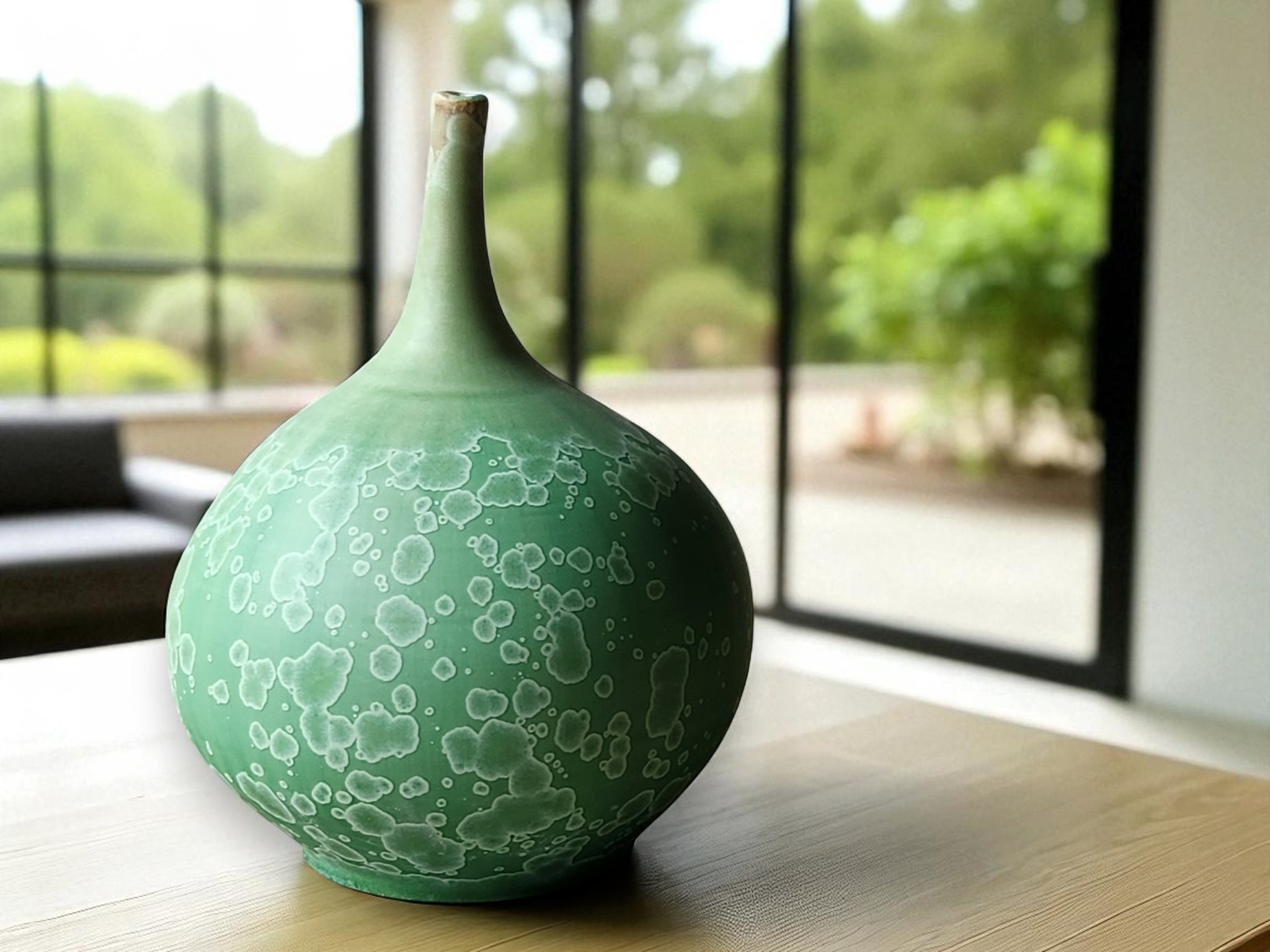 Handmade matte crystalline porcelain vase green